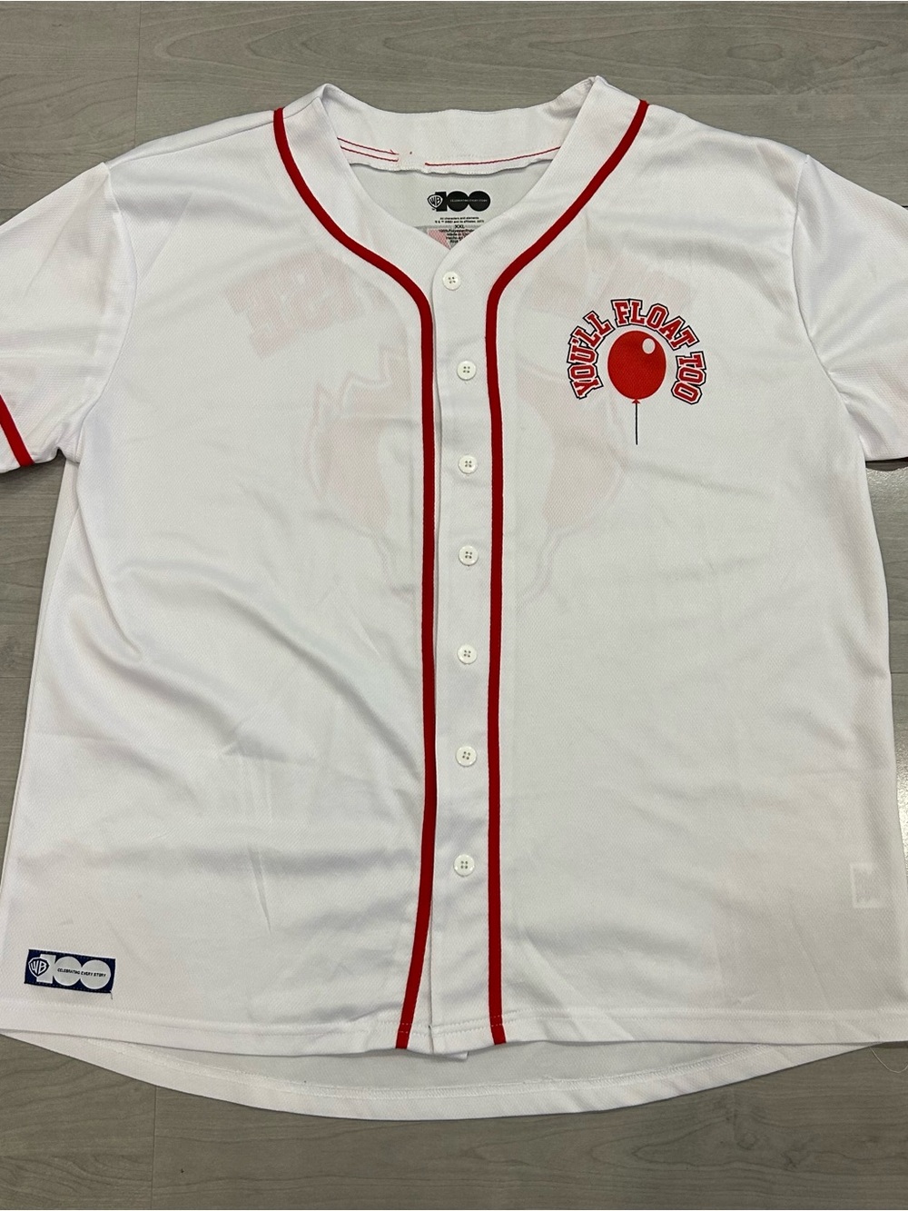WB 100 Pennywise “You’ll Float Too” Baseball Jersey Shirt XXL Horror Movie IT